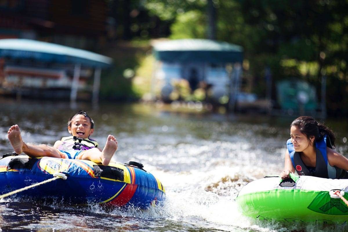 Tubing on a lake.