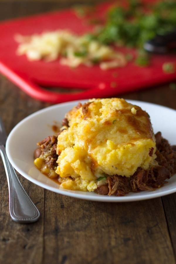 Mexican polenta pie on a white plate.