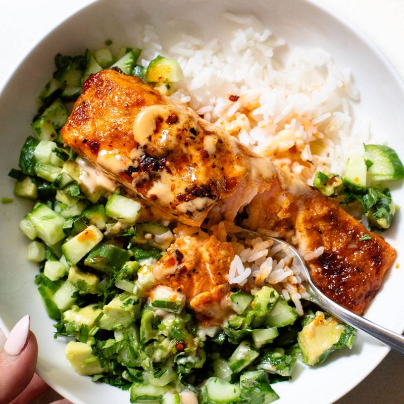 A picture of Bang Bang Salmon with Avocado Cucumber Salsa