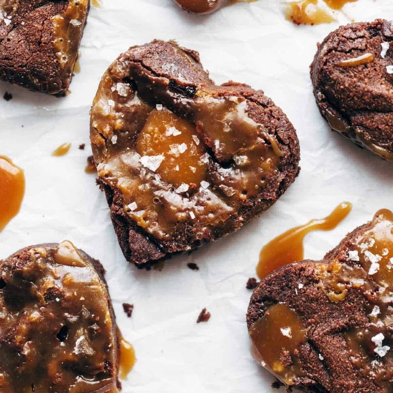 Salted caramel brownies in a heart shape.