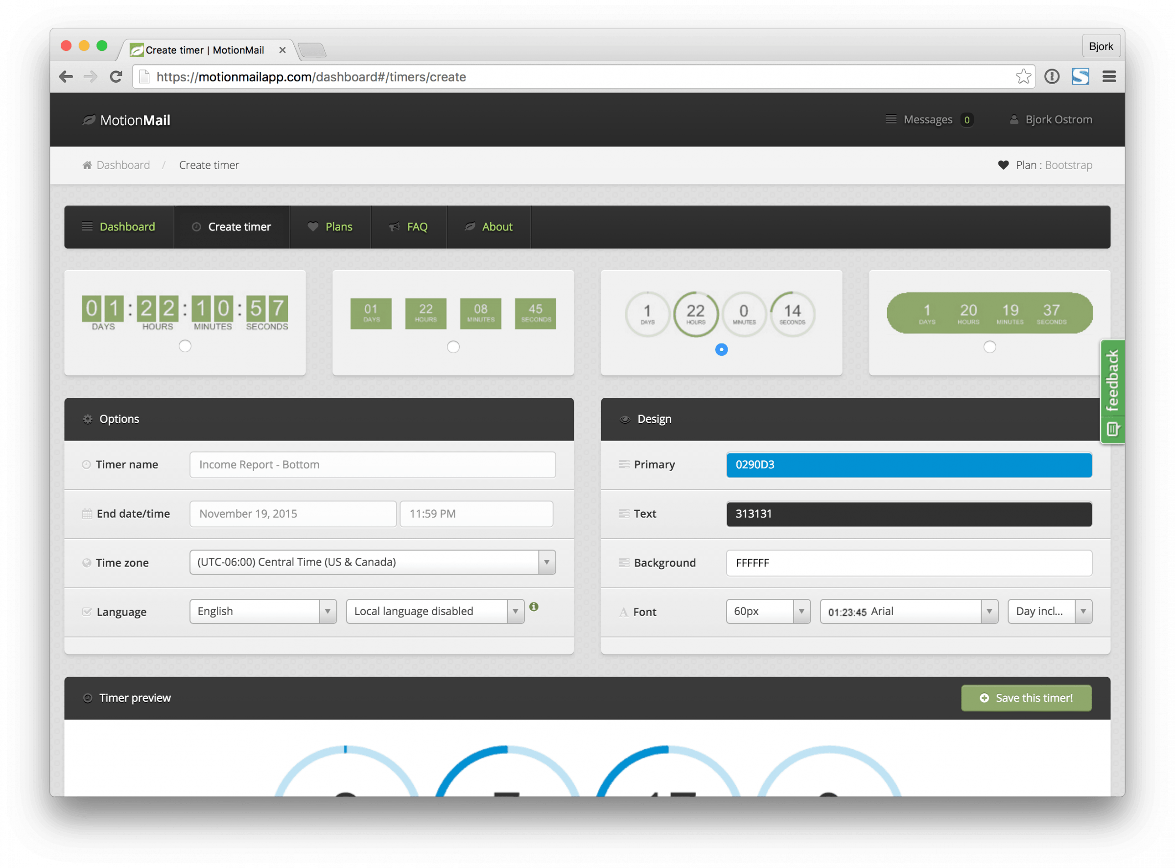 MotionMail Countdown Timer Settings.