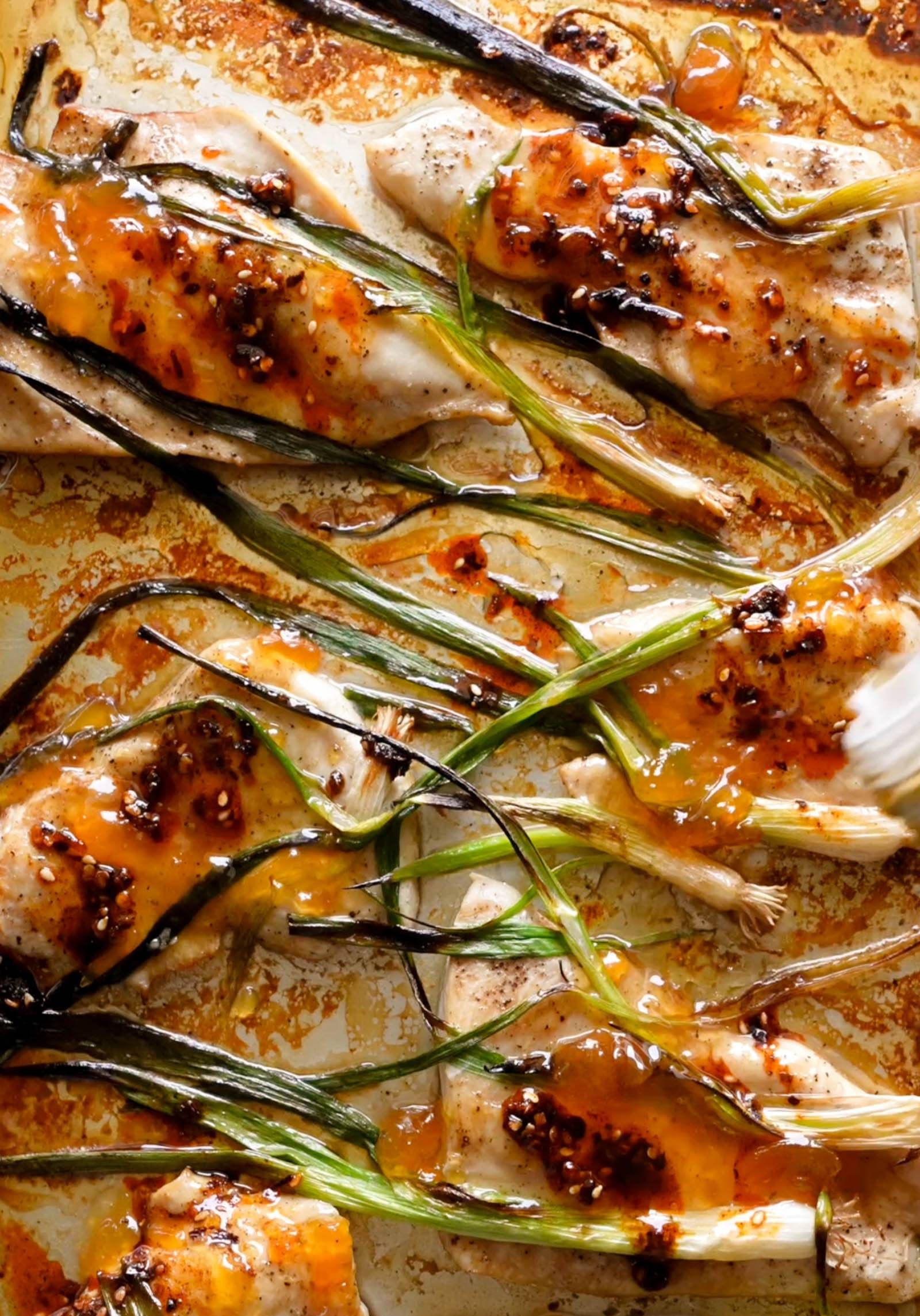 Apricot chicken and scallions.