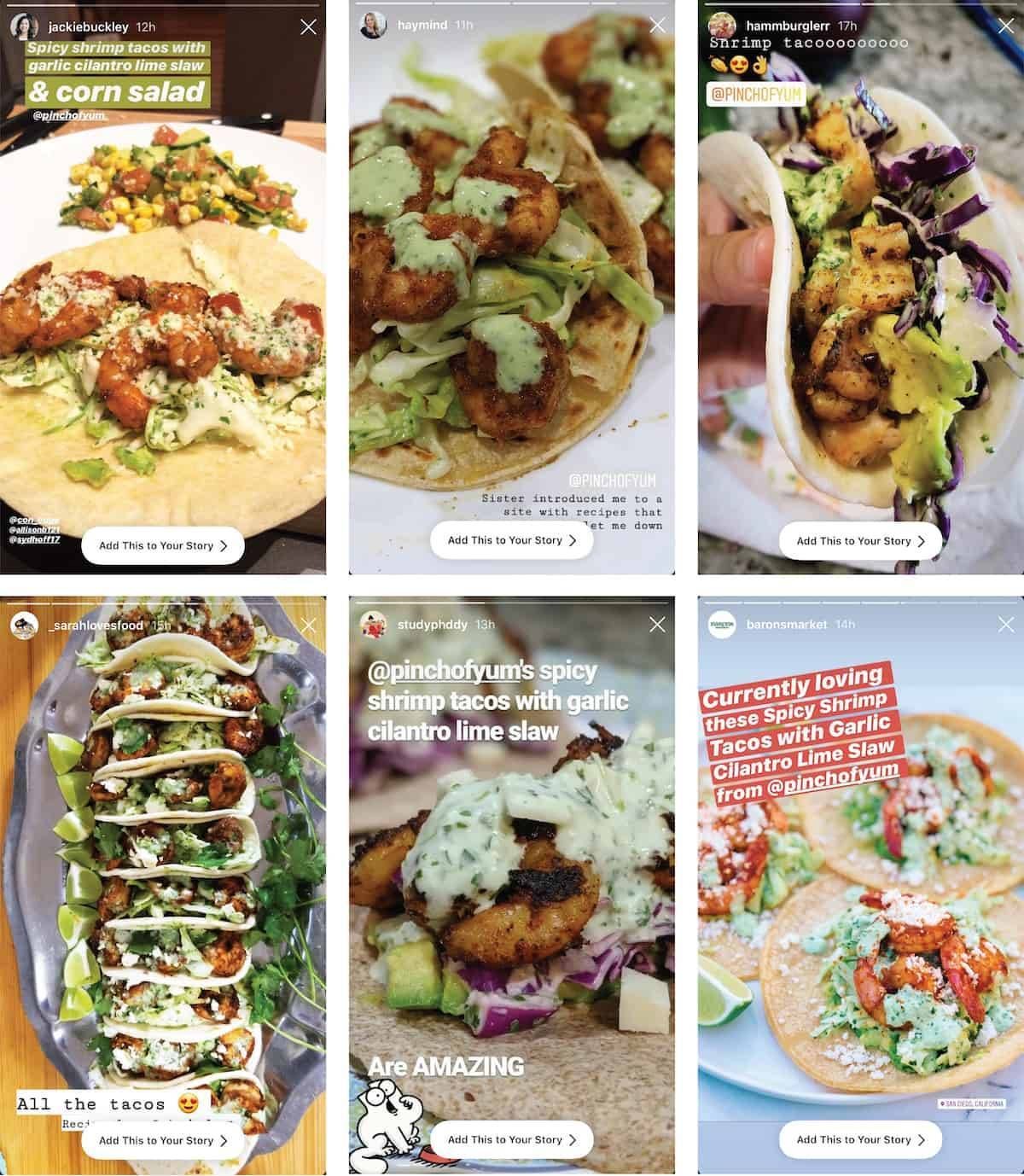 Image collage of reader recipes of spicy shrimp tacos.